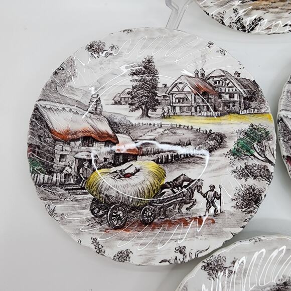 VTG Yorkshire Staffordshire Ironstone Bread Plates Set 4 Farm Scene England - Picture 3 of 9